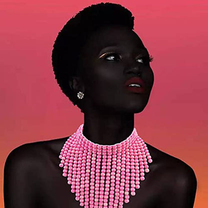 Coiris Boho African Wooden or Acrylic Beaded Bib Statement Necklace Strands Layered Cluster Chunky Collar Choker Wood Necklace for Women Fashion Costume Jewelry - color: Pink