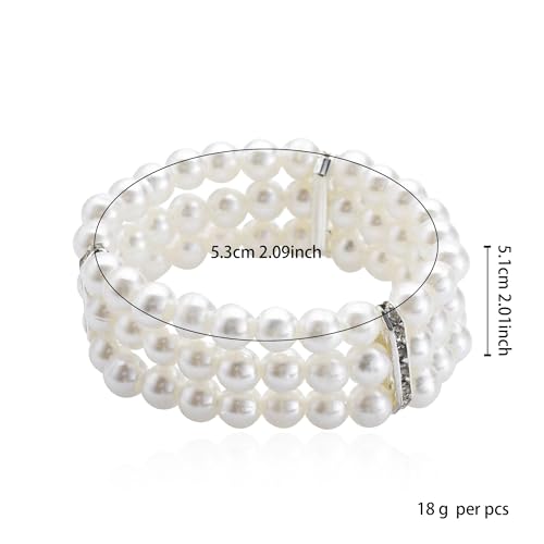 3 Rows Faux Pearls Bracelet for Women Vintage Multi-Layered Rhinestone Pearl Stretch Bracelet Bridal Wedding Jewelry
