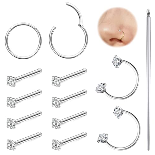 Hoeudjo 18G Horseshoe Nose Ring Surgical Steel Hinged Nose Hoops for Women Nose Studs 1.5MM/2MM/2.5MM/3MM Cubic Zirconia Bone & Screw & L-shaped Nostril Ring Body Piercing Jewelry for Women Men - color: silvertone,nose bone studs, size: 2mm CZ
