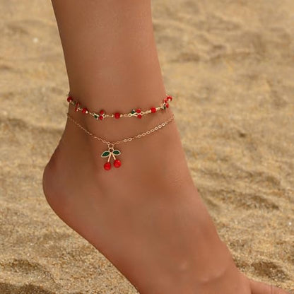 Ankle Bracelets for Women Gold Anklet Set Boho Vacation Gift | Gold anklet set for women 5 styles with matching gift pouch.Boho adjustable non-tarnish jewelry.Perfect present idea. - color: Cherry