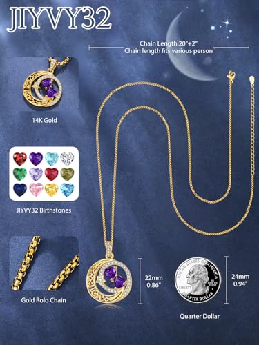 14K Gold Moon and Star Double Birthstone Necklace Gifts for Women | 2 Heart Birthstone Necklace,Mothers Day Wedding Anniversary Birthday Gifts for Wife Mom Daughter Grandma Sister - color: 02-02-Feb-Feb Birthstone