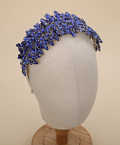 Bridal Crystal Headband for Wedding Party Silver Large Crystal Headpiece Hair Accessories for Bride Hair Clips for Prom Party Gift (blue) - color: blue