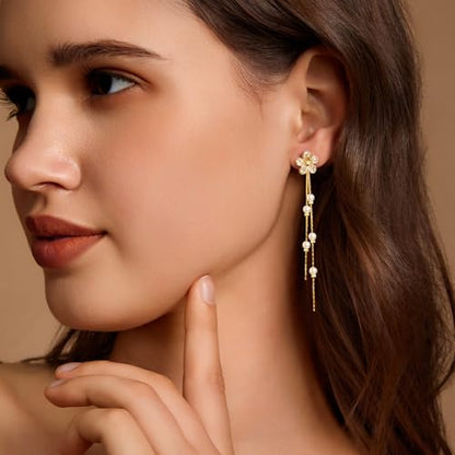 Pearl Earrings for Women 14k Gold/Silver Pearl Drop Earrings Long White Pearl Tassel Dangle Statement Earrings Bridal Wedding Dainty Prom Earrings Birthday Gifts Jewelry - color: Gold Flower Pearl Drop Earrings