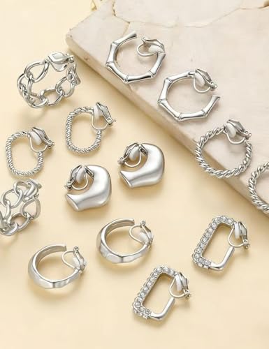 12 Pairs Clip on Hoop Earrings for Women 14K Gold Plated Chunky Clip on Earrings CZ Tube Twist Croissant Bamboo Round Geometric No Piercing Ear Clips Set Trendy Fake Earrings Jewelry - color: Silver