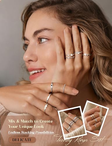 YADOCA Stainless Steel Stackable Rings for Women Non Tarnish Silver Ring | 8pcs 2MM Thin Stacking Thumb Rings 14K Gold Plated Knuckle Statement Band Ring Set Simple Heart Knot Size 5-11 - color: Silver