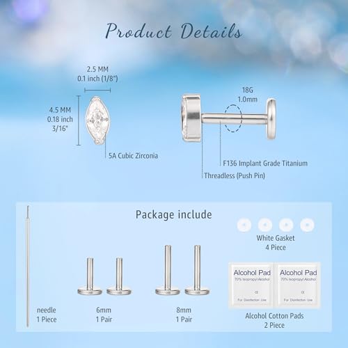 limerencia G23 Hypoallergenic 18g Flat Back Stud Earrings | F136 Implant Grade Titanium Pressfit Threadless Push Pop in Cartilage Helix Labret Lip Monroe Tragus Flat Back Piercing Studs - color: Marquise Silver