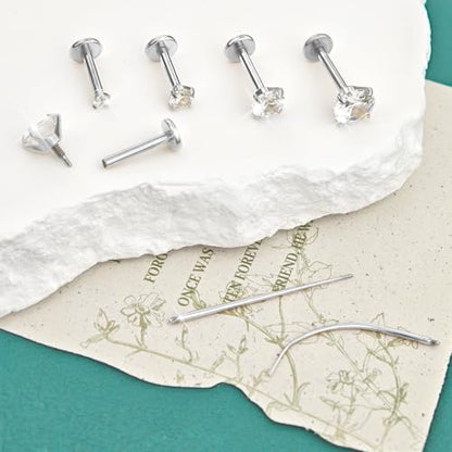 4 Pairs 16G 18G Flat Back Stud Earrings, Hypoallergenic Surgical Steel Set | CZ 2-5mm, internal thread design for nose and tragus piercings use, includes ball grabber tool for easy jewelry changes - color: 16G CZ 2/2/2.5/3mm Silver