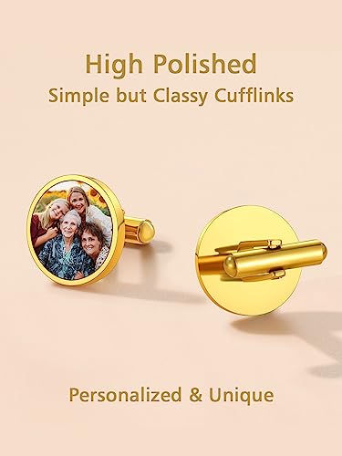 FindChic Stainless Steel Round Cufflinks with Custom Text/Picture/Monogram Letters 18K Gold Plated/Black Color for Men Groom Suits Shirts, with Gift Box - style: 02. custom photo-round (gold plated)