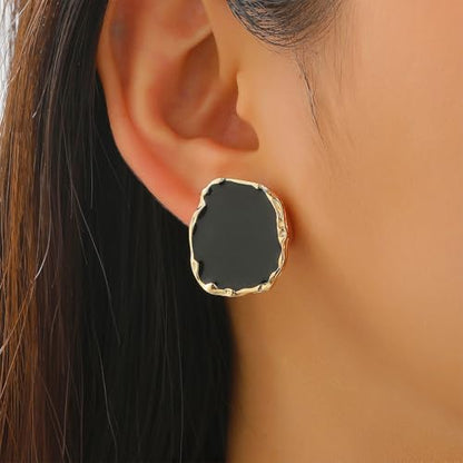 Statement Big Chunky Gold Black Two-tone Enamel Drip Ring Earrings Set for Women, Retro Large CZ Crystal Cocktail Rings Earring Geometric Jewelry Gift - color: Black 2