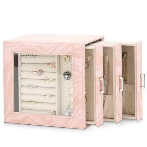 DesignSter Jewelry Box Organizer, Jewelry Box for Women, PU Jewelry Organizer Display Case with Side Drawers, Jewelry Storage for Earring Necklace Ring Bracelet Watch - color: Pink