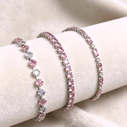 3Pcs Women Stackable 14K Gold Plated Tennis Bracelet with Colorful CZ | Dainty Classic Everyday Jewelry 14K Gold Plated Colorful Cubic Zirconia Tennis Bracelet Created Diamond for Wedding 7 inches - color: silver pink