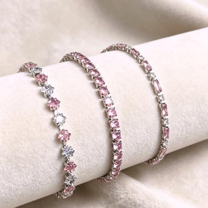 3Pcs Women Stackable 14K Gold Plated Tennis Bracelet with Colorful CZ | Dainty Classic Everyday Jewelry 14K Gold Plated Colorful Cubic Zirconia Tennis Bracelet Created Diamond for Wedding 7 inches - color: silver pink