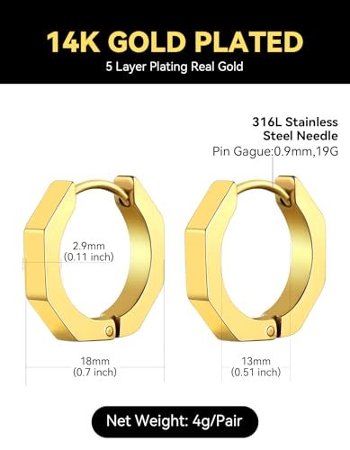 ChainsHouse Stud Earrings for Men Women,316L Stainless Steel/14K Gold/Black Plated Metal, Punk Hypoallergenic Surgical Huggie Hoop Earrings Mens Jewelry Piercing Hoop Earrings - style: E: Gold-Octagon(1 Pair)