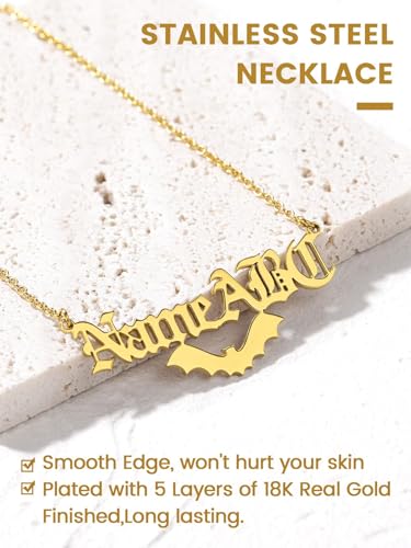 GoldChic JEWELRY Name Necklace Personalized for Men, Womens Custom Name Plate Chain, Stainless Steel Customized Old English Nameplate Choker with Curb Chains Custom, 16 inches to 30 inches - color: Rolo Chain(1.8 mm)&Bat- Gold