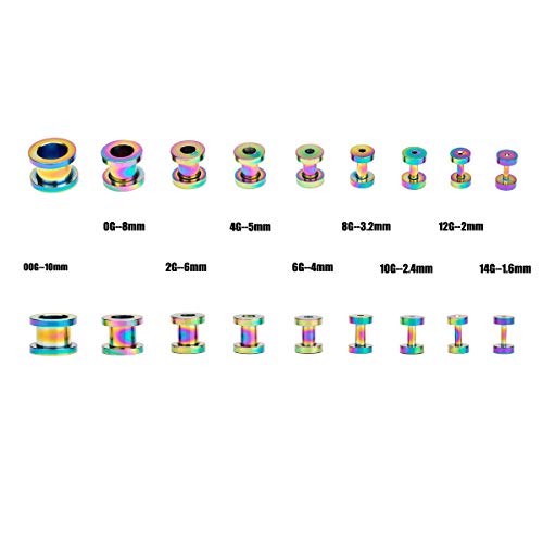 18PCS Ear Tunnels Kit Stainless Steel Screw Fit 14G-00G Gauges Plugs Set Double Flared Stretcher Expander Body Piercing Jewelry - color: Rainbow