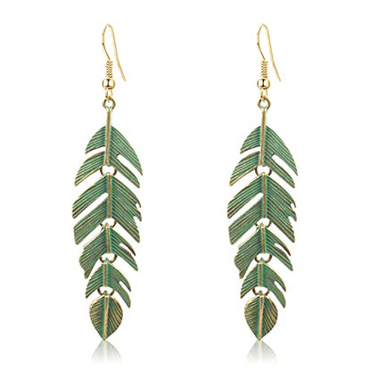 Handmade Boho Vintage Green Bronze Lightweight Statement Leaves Earrings with Detailed Texture Drop Dangle Earring for Women Floating Feathers Chain Earrings Jewelry Gifts