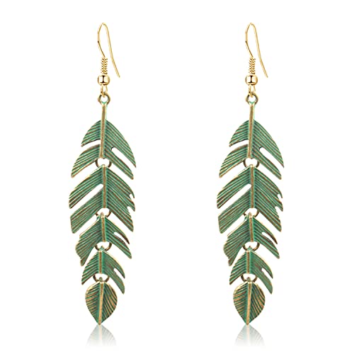 Handmade Boho Vintage Green Bronze Lightweight Statement Leaves Earrings with Detailed Texture Drop Dangle Earring for Women Floating Feathers Chain Earrings Jewelry Gifts