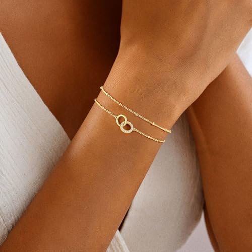 Turandoss 14K Gold Plated Interlocking Circle Bracelet Gifts for Women | Cubic Zirconia Circles Bracelets, Layered Twisted Circle Bracelet for Women, Trendy Jewelry Gifts - color: CZ Interlock Bracelet