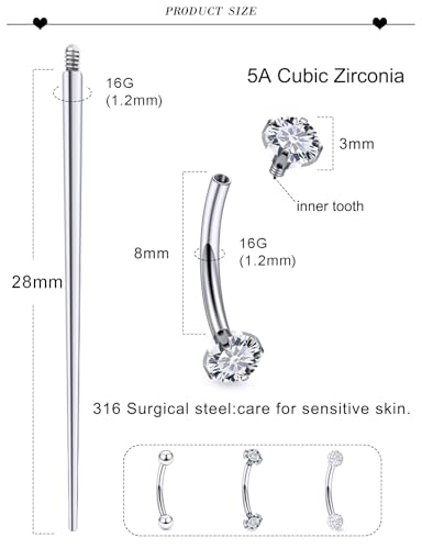 18G 16G 14G Eyebrow Ring Piercing Jewelry Surgical Steel Internal Thread Vertical Labret Lip Ring Rook Daith Earrings Belly Button Ring Piercing Jewelry for Women Men CZ Silver Black Gold - color: Silver, size: 16G, 8mm Length