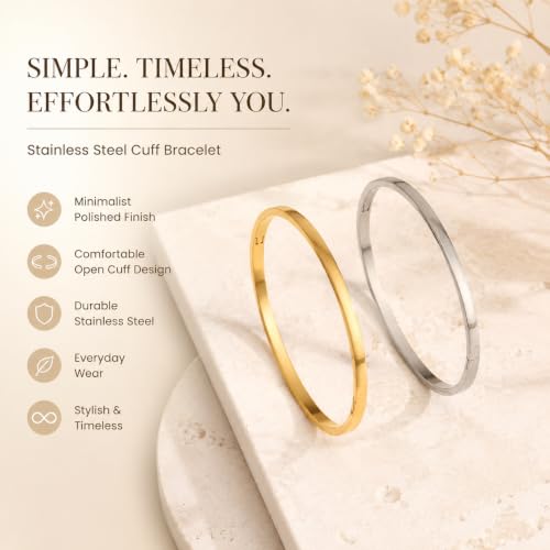 Stainless Steel Cuff Bracelet for Women, Polished Oval Open Bangle Bracelet, Minimalist Jewelry - color: Silver-4mm