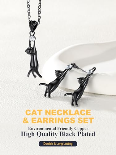 U7 Cat Pendant Necklace for Women Stainless Steel Cute Kitty Cat Jewelry Gift - style: Black (Necklace+Earrings)