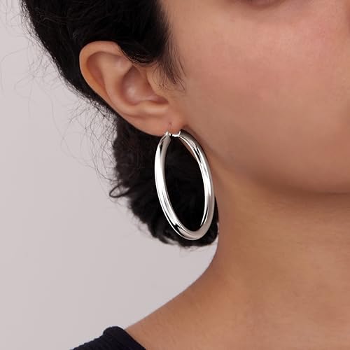 5 MM Wide Thick Chunky Gold Hoop Earrings for Women Trendy, Hypoallergenic Large Big Hoops with Sterling Silver Posts, Lightweight Hollow Tube Real Gold Hoop Jewelry 30/40/50/60/70 MM - color: Silver, size: 4mm-30mm