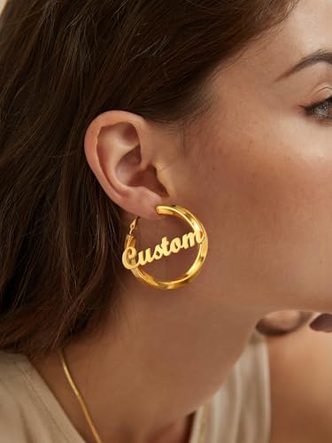 FindChic Twisted Hoop Earrings for Women, Silver/Black/14K Gold Plated Hypoallergenic Hollow Tube Rounded Loop Earrings, 30mm/40mm/60mm/80mm Hoops with Custom Name Options and Gift Box - color: f.Gold (Custom Name), size: 40MM