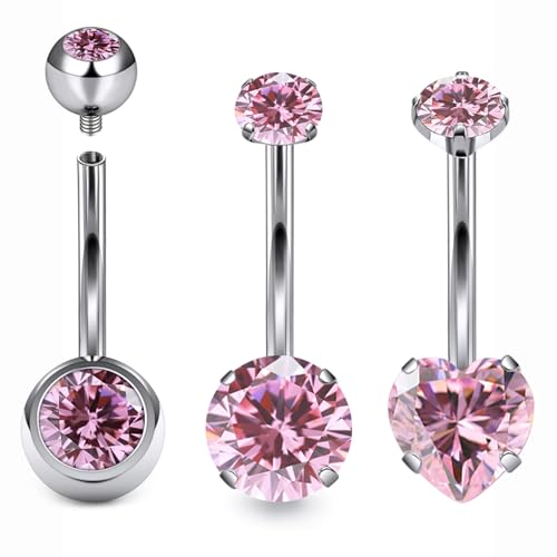 Belly Button Rings Surgical Steel Internally Threaded Belly Button Ring 10MM/12MM/14MM/16MM Navel Rings for Women Clear CZ 14G Long Bar Navel Piercing Jewelry - color: pink, size: 12mm bar length
