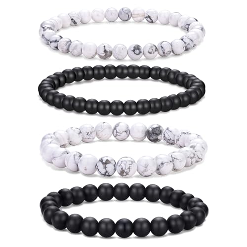 Mens Bead Bracelet Set - Adjustable Elastic Rope With 6&8MM Natural Stone Multi-Colored Beads - Tiger Eye Bracelets for Men - Gift - style: 4,white,black bracelet