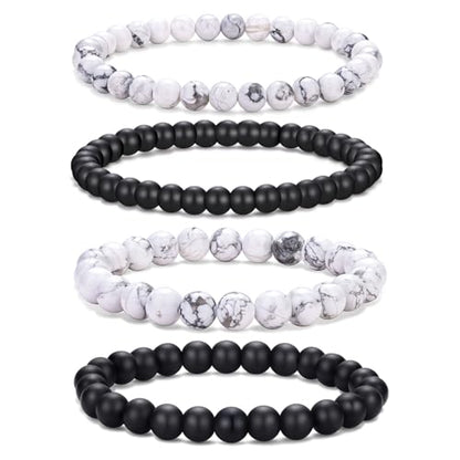 Mens Bead Bracelet Set - Adjustable Elastic Rope With 6&8MM Natural Stone Multi-Colored Beads - Tiger Eye Bracelets for Men - Gift - style: 4,white,black bracelet