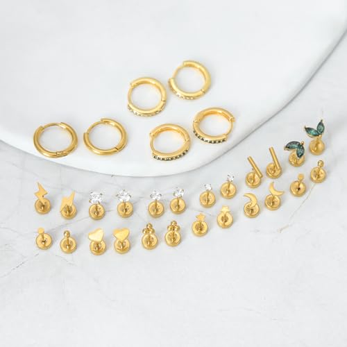 Stainless Steel Stud Earrings Set for Women Hypoallergenic Flat Back Cartilage Earrings Screw Back Huggie Hoop Earrings Multiple Piercing Cubic Zirconia Helix Tragus Jewelry - color: Set-D-14K Gold Plated