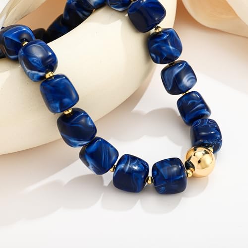 Chunky Beaded Necklace for Women Boho Statement Bead Necklace Adjustable Choker with Polished Disc/Square Beads Trendy Summer Beach Jewelry Gifts - color: Navy Blue