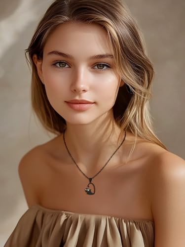 U7 Cat Pendant Necklace for Women Stainless Steel Cute Kitty Cat Jewelry Gift - style: 03-Heart Cat Set-Steel+Black