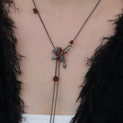 Gothic style red and black rose necklace fashionable long tassel necklace personalized women's accessories flower accessories MO43