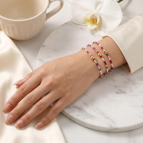 Small Seed Beaded Stack Bracelets Set for Women,Boho Handmade 3Pcs Colorful Glass Gold Stretch Accessories Jewelry, Summer Beach Wear Holiday Friendship Gift - color: Red blue