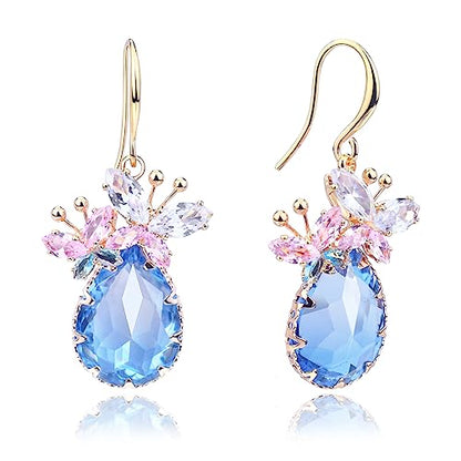 Crystal Teardrop Earrings CZ Butterfly Earrings Gold Dangle Earrings Jewelry Gift for Women - color: Blue