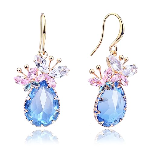 Crystal Teardrop Earrings CZ Butterfly Earrings Gold Dangle Earrings Jewelry Gift for Women - color: Blue