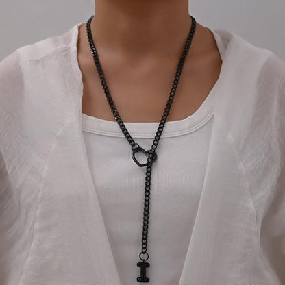 sroyte Black Heart Slip Chain Initial Necklaces for Women,Stainless Steel O-Ring Adjustable Lariat Heart Y-Necklace,Punk Gothic Cuban Collar Choker Necklace for women - color: Black I