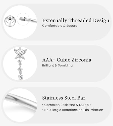 BSJ4U Belly Button Ring Dangle Navel Belly Piercing Jewelry Cute Pink CZ Heart Butterfly Bow Flower Navel Belly Rings for Women 14G Silver Stainless Steel Dainty Dangly Dangling Belly Button Piercing - color: Clear CZ Belly Button Rings