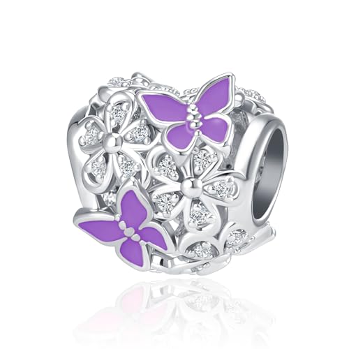 Butterfly Flower Garden Charm Magnolia Bloom Crystal Opennwork Enamel Bead for Pandora Charm Bracelet - style: Purple Butterfly