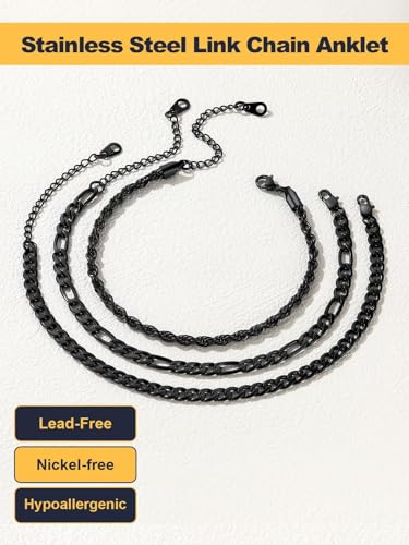 U7 2Pcs/3Pcs Ankle Bracelets for Women, Stainless Steel Cuban Link/Figaro/Rope/Heart Chain Anklets Sets,Waterproof Layered Anklets Adjustable 8.5"-10.5" - color: 03. 3Pcs Style A-Black