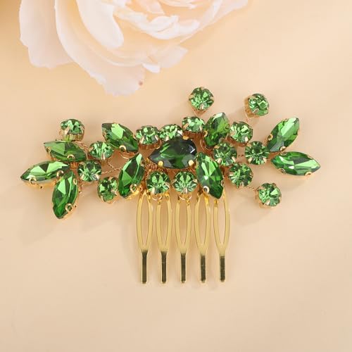 Dainty Teardrop Rhinestone Crystal Wedding Hair Comb Handmade Hair Side Comb Women Girls Wedding Headpiece Silver Gold Wedding Hair Accessories for Brides Bridesmaid (green) - color: green