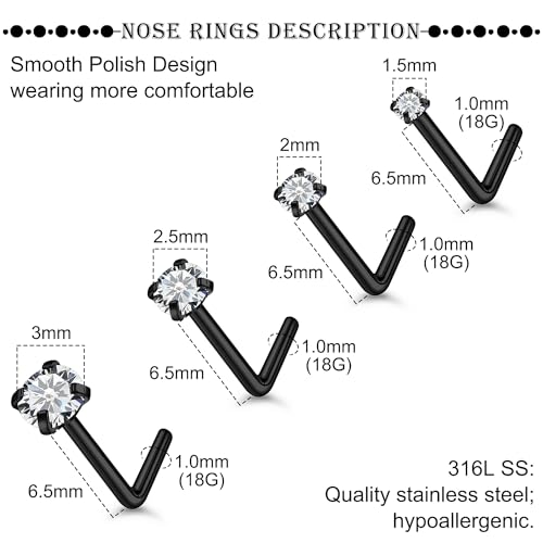 18G 20G 22G Titanium Stainless Surgical Steel Nose Rings Studs for Women L Shaped Nose Studs Screw Nose Ring Piercing Jewelry for Women Men Diamond CZ 1.5mm 2mm 2.5mm 3mm Silver Black Gold - style: 18g/Clear CZ/L-shaped/Black