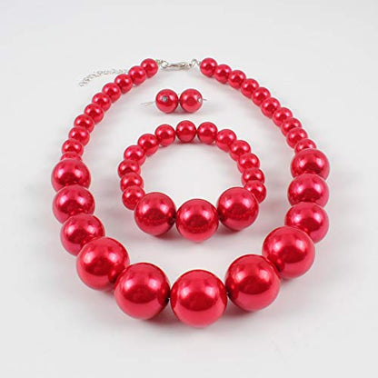 COLORFUL BLING Chunky Multicolor Simulated Pearl Choker Necklace Drop Dangle Earrings Bracelet Set Crystal Bib Big Large Round Beaded Strand for Women Brides Costume Statement 1920s Wedding Jewelry - color: Red1