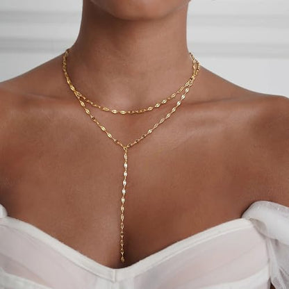 Layered Necklaces for Women,Dainty 14K Gold Plated Long Lariat Necklace Stack Simple Chain Pendant Necklace Fashion Accessories Long Necklaces for Women Trendy Gold Jewelry - color: Chain