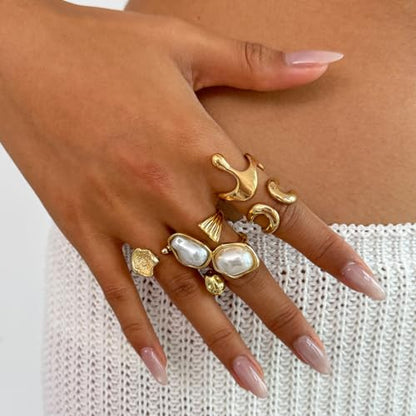 Chunky Gold Rings for Women Gold Baroque Pearl Rings Open Adjustable Pearl Ring Stacking Knuckles Rings Set Boho Prom Costume Fashion Jewelry for Women 2026 - style: Style3