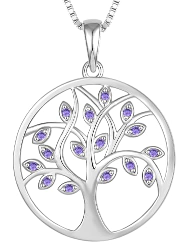 YL 925 Sterling Silver Tree of Life Necklace for Women Round Tree Pendant Birthstone Jewelry for Mom - color: 02-amethyst-Feb