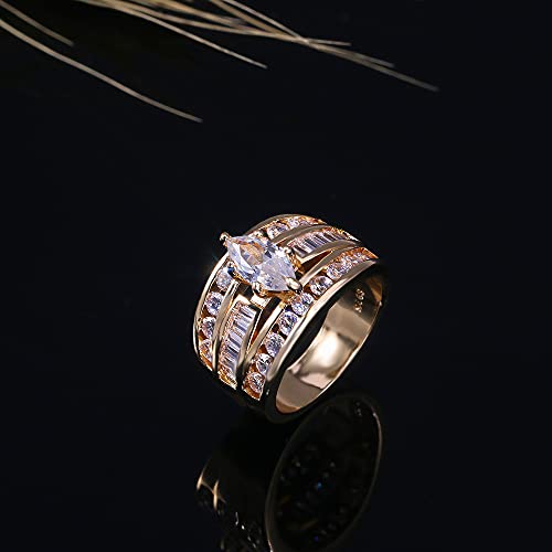 18K Yellow Gold Plated Luxury Marquise Cut Cubic Zirconia CZ Shiny Full Diamond Multi Row Eternity Engagement Wedding Band Promise Ring for Women ST.196 - size: 9