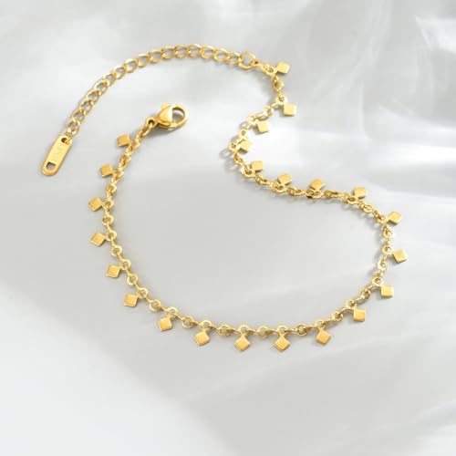18K Gold Plated Ankle Bracelets for Women Stainless Steel Anklet with Star Cross Disc Coin Teardrop Charms Waterproof Thin Chain Ankle Jewelry Gift for Her - style: Square-Gold