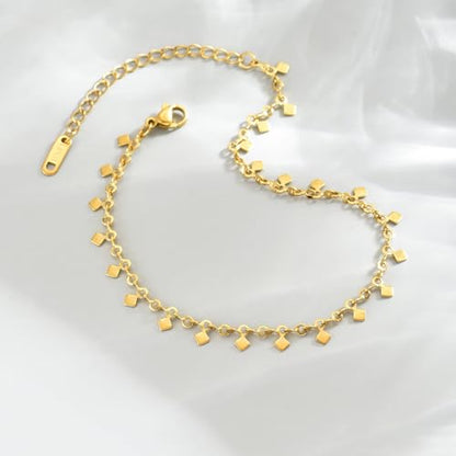 18K Gold Plated Ankle Bracelets for Women Stainless Steel Anklet with Star Cross Disc Coin Teardrop Charms Waterproof Thin Chain Ankle Jewelry Gift for Her - style: Square-Gold